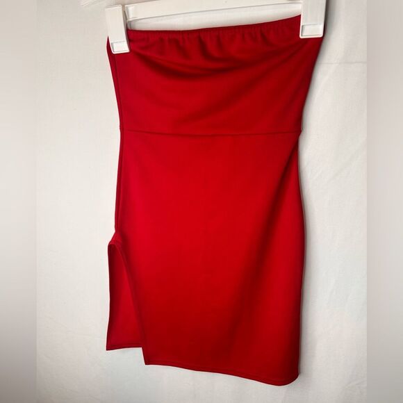 PrettyLittleThing Red Crepe Split Side Bandeau Bodycon Dress. Size 0 - Picture 5 of 12